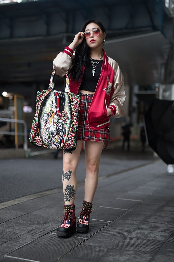 Bomber jacket, crop top, and plaid mini skirt Bomber jacket, crop top, and plaid mini skirt — Japan Outfits