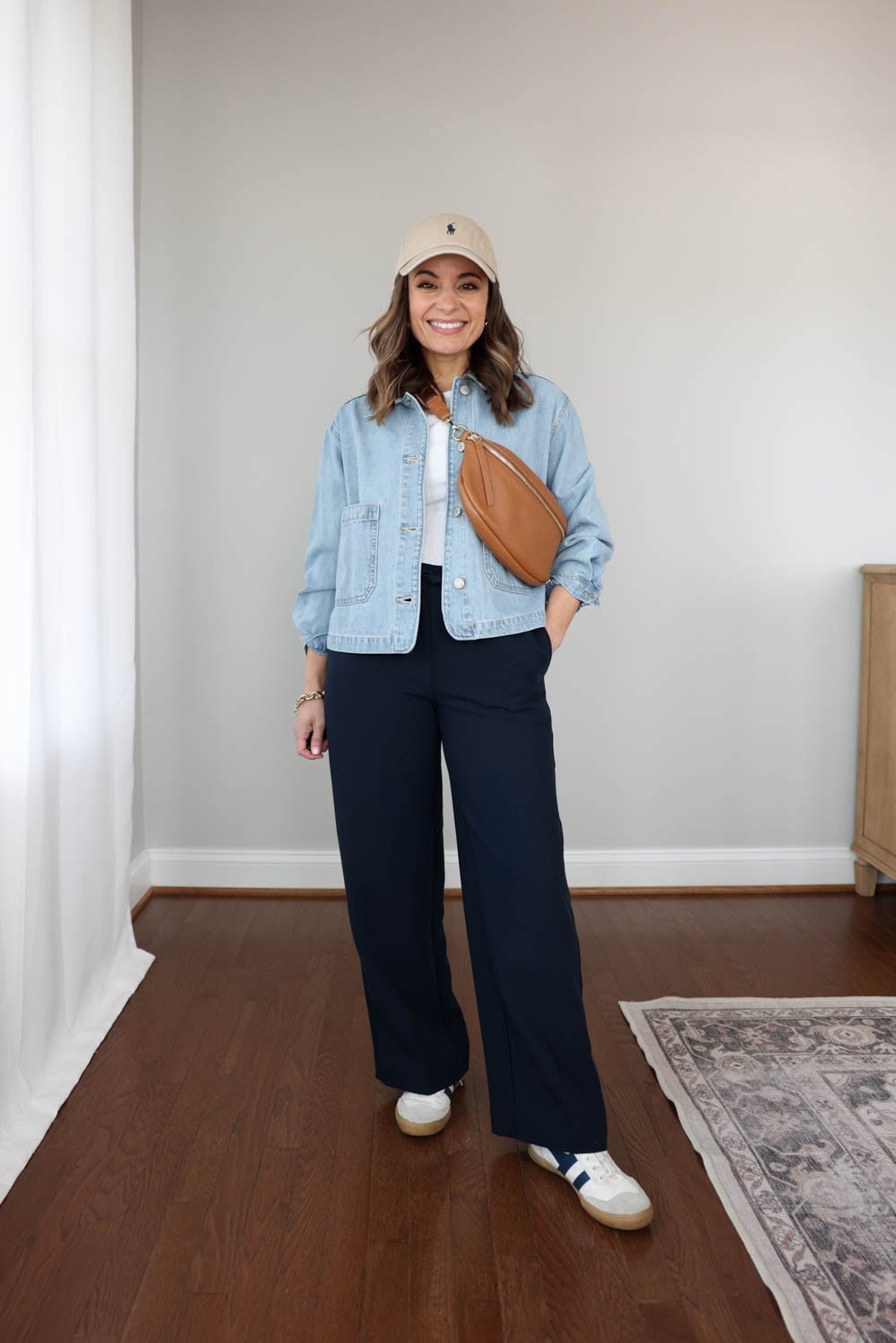 Cropped Denim Jacket With Navy Wide Leg Pants, White Sneakers Cropped Denim Jacket With Navy Wide Leg Pants, White Sneakers — Jean Jacket Outfits