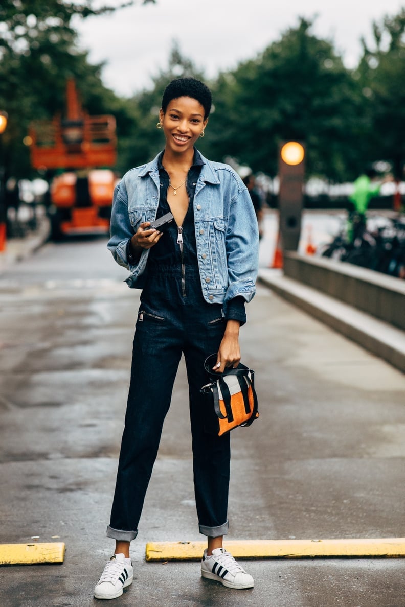 Oversized Denim Jacket With Dark Denim Jumpsuit Oversized Denim Jacket With Dark Denim Jumpsuit — Jean Jacket Outfits
