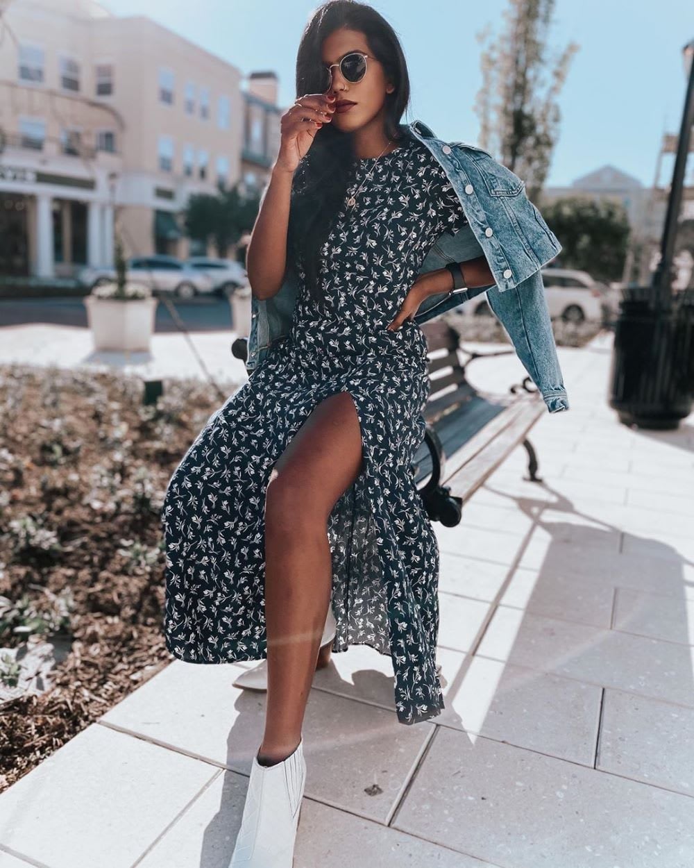Denim Jacket Draped Over Floral Maxi Dress, White Ankle Boots Denim Jacket Draped Over Floral Maxi Dress, White Ankle Boots — Jean Jacket Outfits