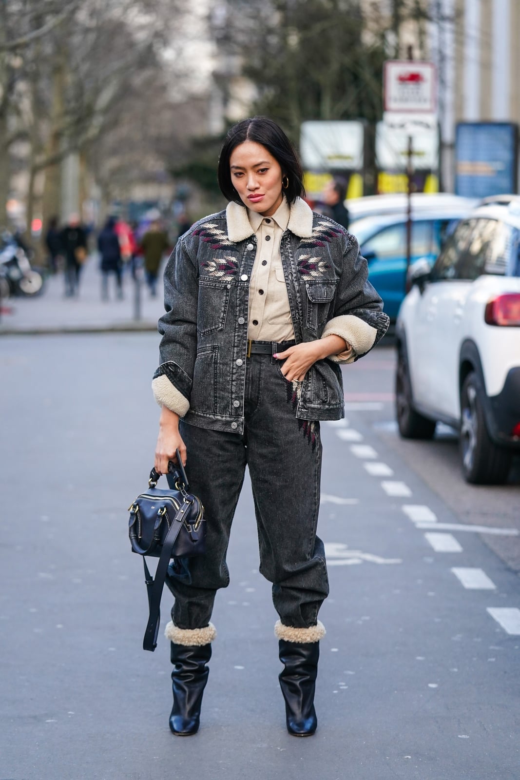 Black Denim Jacket With Shearling Collar Black Denim Jacket With Shearling Collar — Jean Jacket Outfits