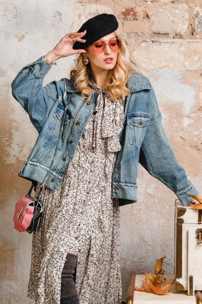Distressed Denim Jacket Over Midi Dress Distressed Denim Jacket Over Midi Dress — Jean Jacket Outfits