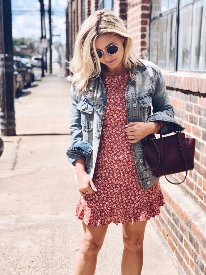 Blue Denim Jacket With Red Floral Dress Blue Denim Jacket With Red Floral Dress — Jean Jacket Outfits
