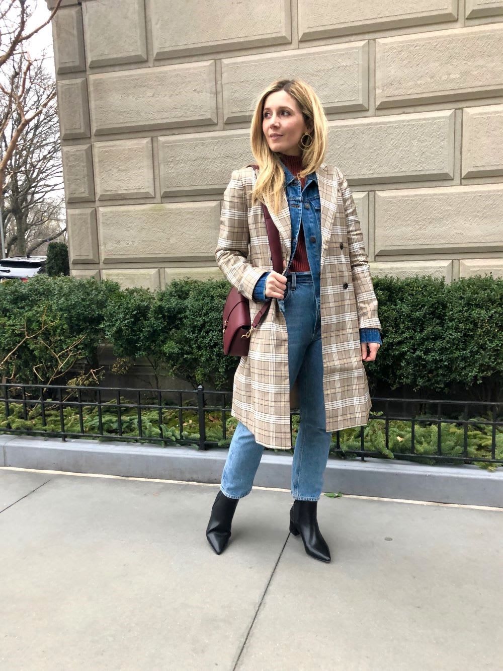 Denim Jacket Under Plaid Coat Denim Jacket Under Plaid Coat — Jean Jacket Outfits