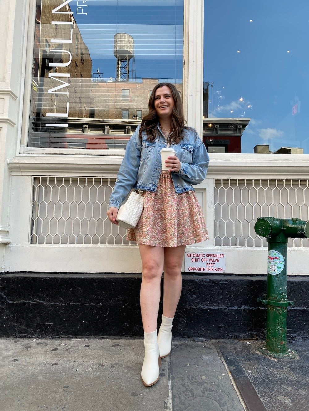 Light Blue Denim Jacket With Floral Dress, White Ankle Boots Light Blue Denim Jacket With Floral Dress, White Ankle Boots — Jean Jacket Outfits