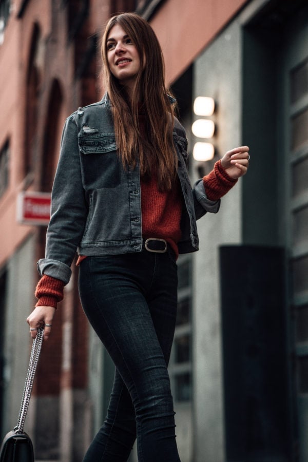 Gray Denim Jacket With Rust Sweater Gray Denim Jacket With Rust Sweater — Jean Jacket Outfits