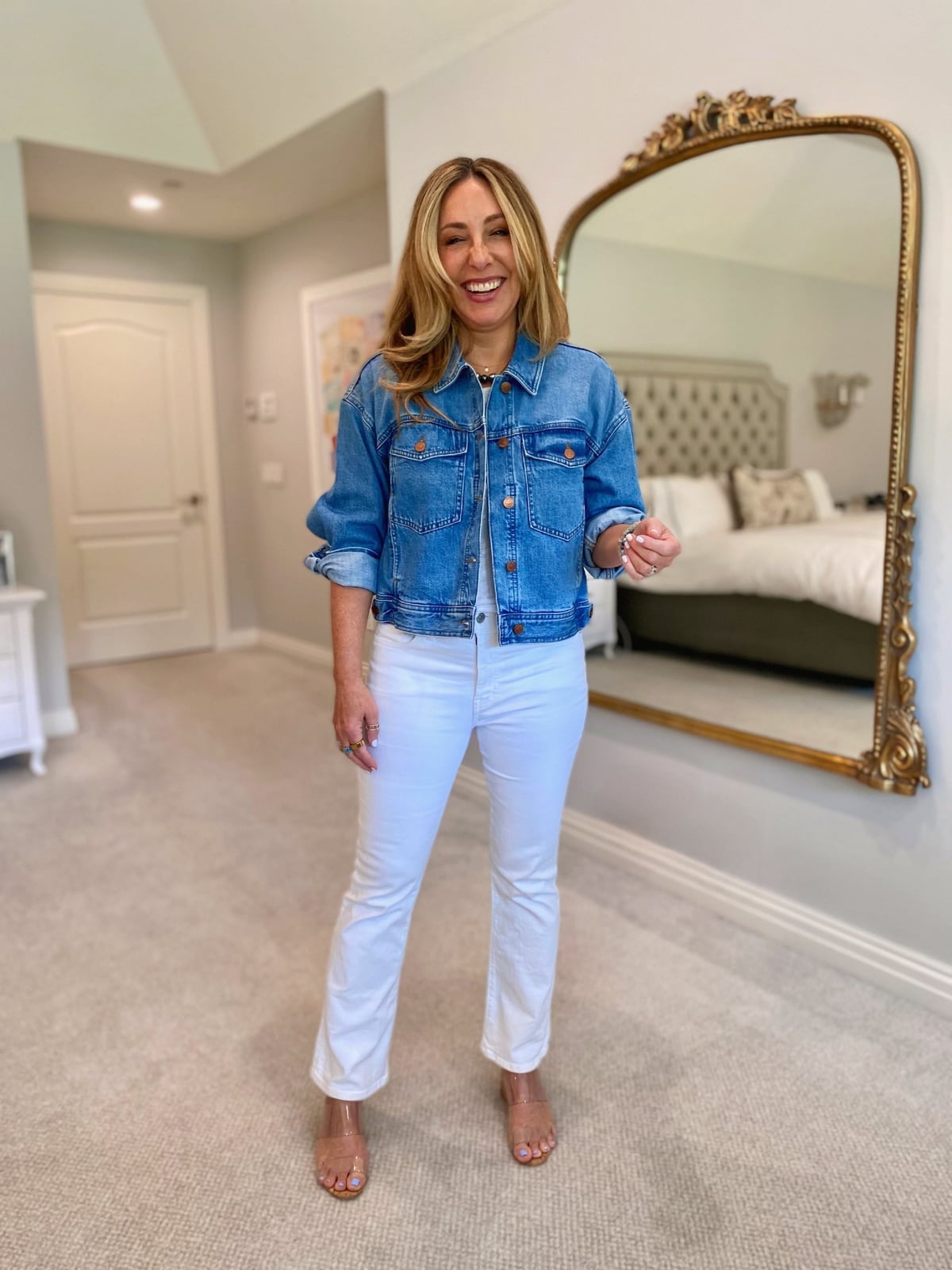 Cropped Denim Jacket With White Flared Jeans Cropped Denim Jacket With White Flared Jeans — Jean Jacket Outfits