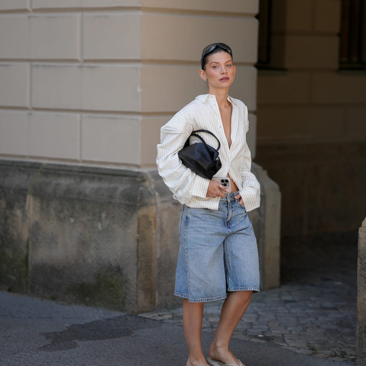Light wash denim culottes with an oversized striped, Close-Up Take Light wash denim culottes with an oversized striped, Close-Up Take — Jean Shorts Outfits