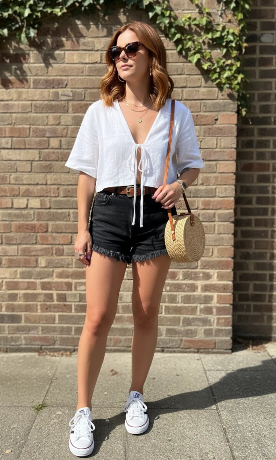 Black distressed denim shorts with a tie-front crop top Black distressed denim shorts with a tie-front crop top — Jean Shorts Outfits