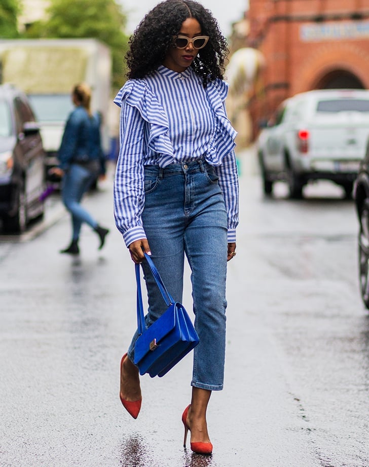 Medium wash high waist straight leg jeans with ruffled blouse Medium wash high waist straight leg jeans with ruffled blouse — Jeans Outfits