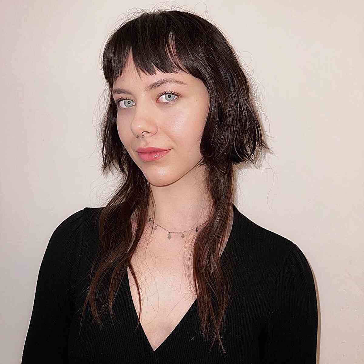 Collarbone Dark Brown Jellyfish With Micro Bangs Collarbone Dark Brown Jellyfish With Micro Bangs — Jellyfish Haircut