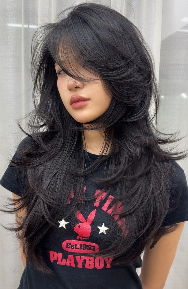 Jet Black Wolf Cut With Face Framing Layers Jet Black Wolf Cut With Face Framing Layers — Jet Black Hair