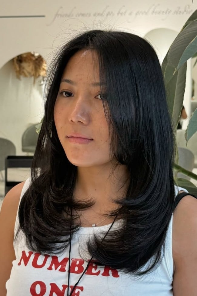 Shoulder Length Layers With Curtain Bangs Shoulder Length Layers With Curtain Bangs — Jet Black Hair