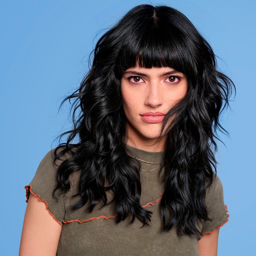 Collarbone Shag With Glossy Curtain Bangs, Wavy Collarbone Shag With Glossy Curtain Bangs, Wavy — Jet Black Hair