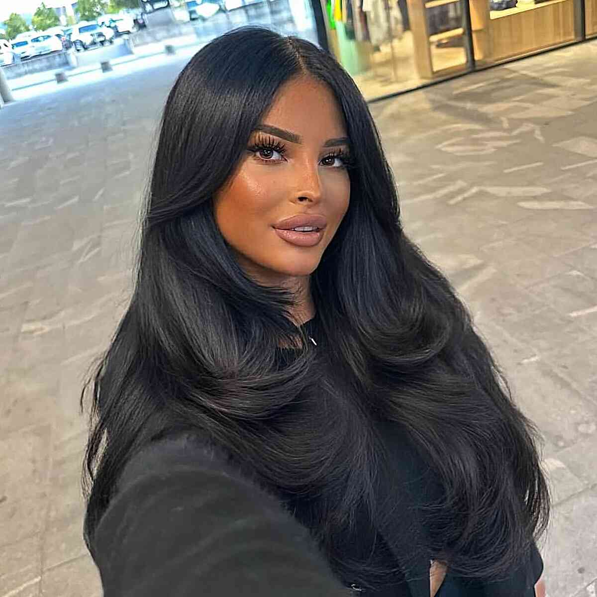 Long Jet Black Hair With Face Framing Layers Long Jet Black Hair With Face Framing Layers