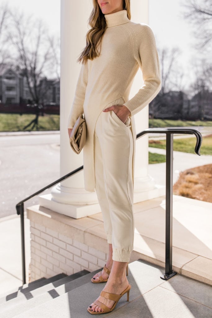 Cream faux leather joggers with knit tunic Cream faux leather joggers with knit tunic — Joggers Outfits