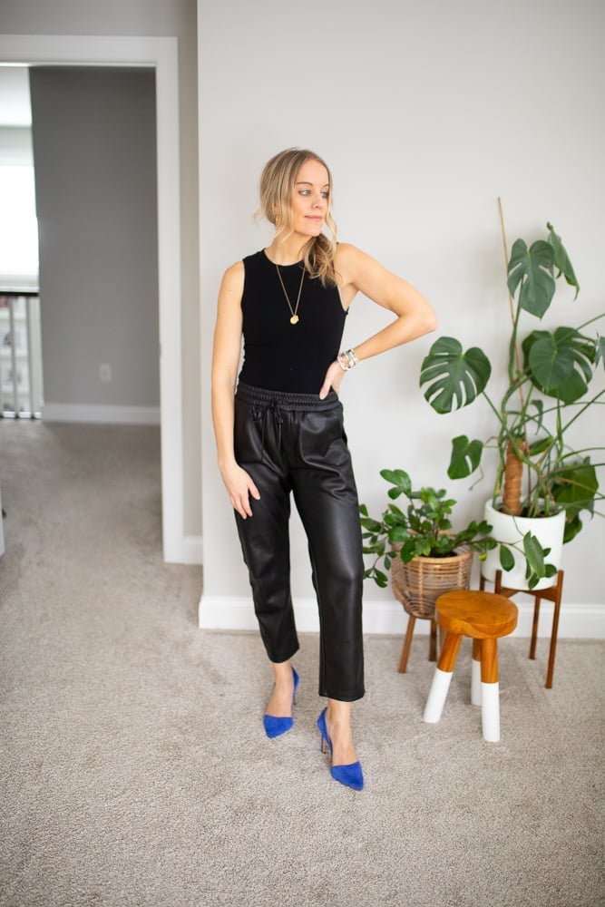 Black faux leather joggers with blue heels Black faux leather joggers with blue heels — Joggers Outfits