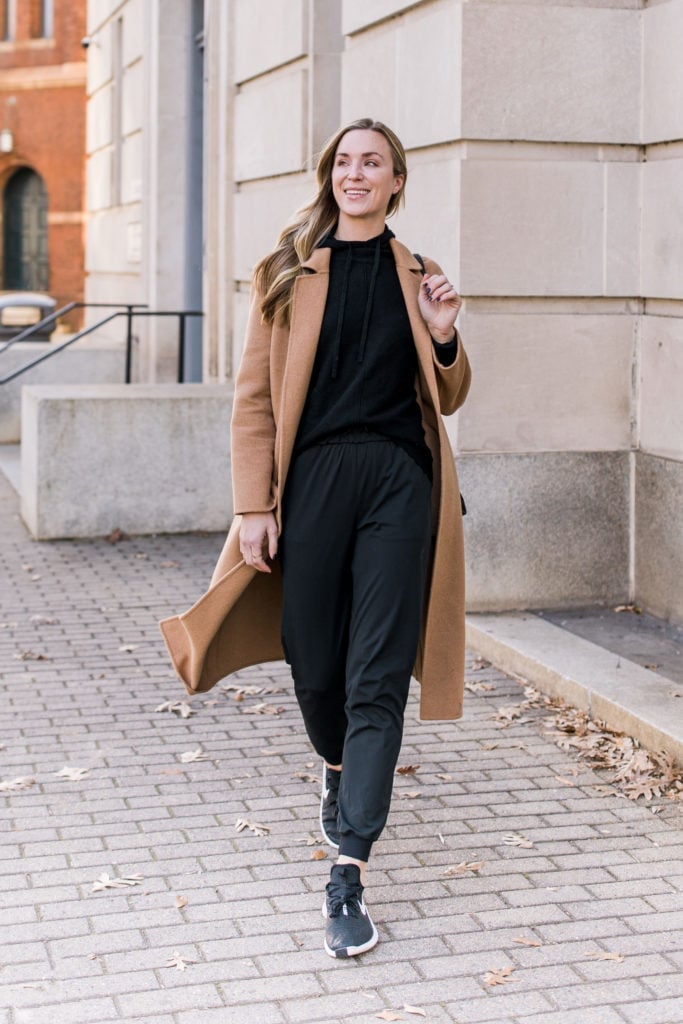 Black joggers with camel coat Black joggers with camel coat — Joggers Outfits