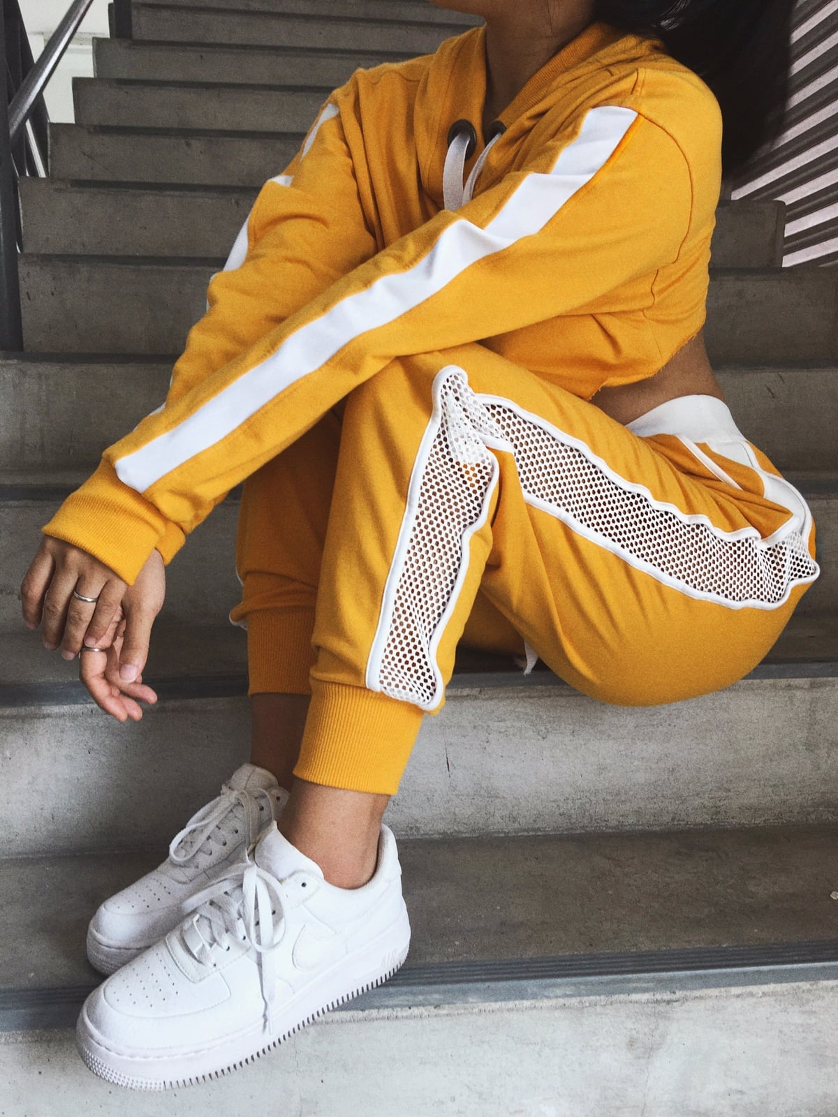 Yellow cropped hoodie and joggers with mesh panels Yellow cropped hoodie and joggers with mesh panels — Jogging Outfits