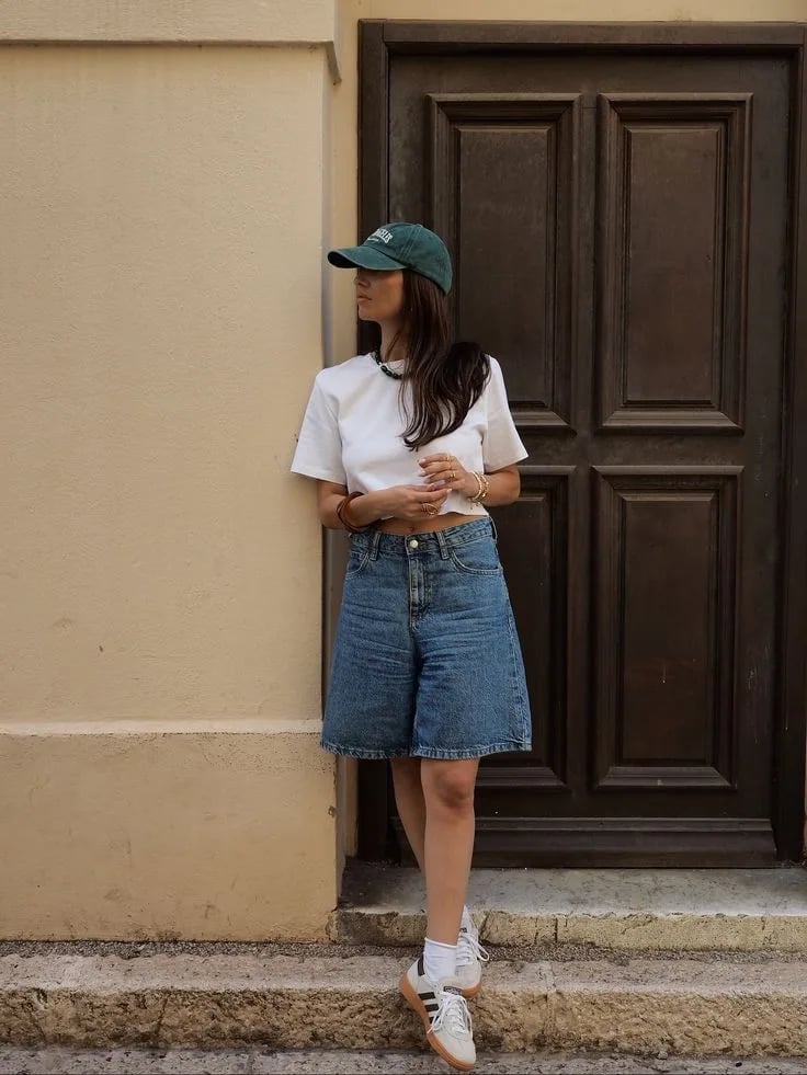 Medium Wash Jorts with Graphic Tee and Cap Medium Wash Jorts with Graphic Tee and Cap — Jorts Outfits
