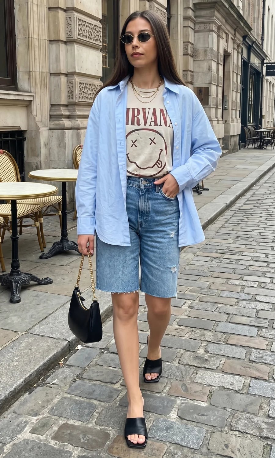 Medium Wash Jorts with Graphic Tee and Layered Shirt Medium Wash Jorts with Graphic Tee and Layered Shirt — Jorts Outfits
