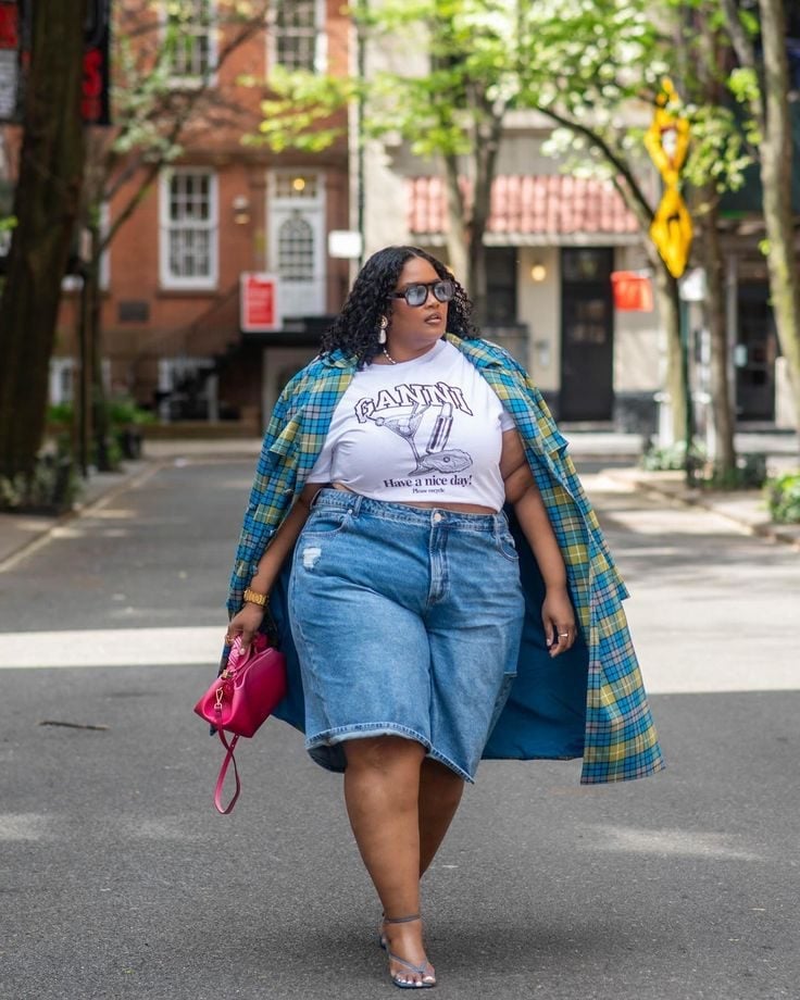 Light Blue Jorts with Plaid Coat and Sandals Light Blue Jorts with Plaid Coat and Sandals — Jorts Outfits