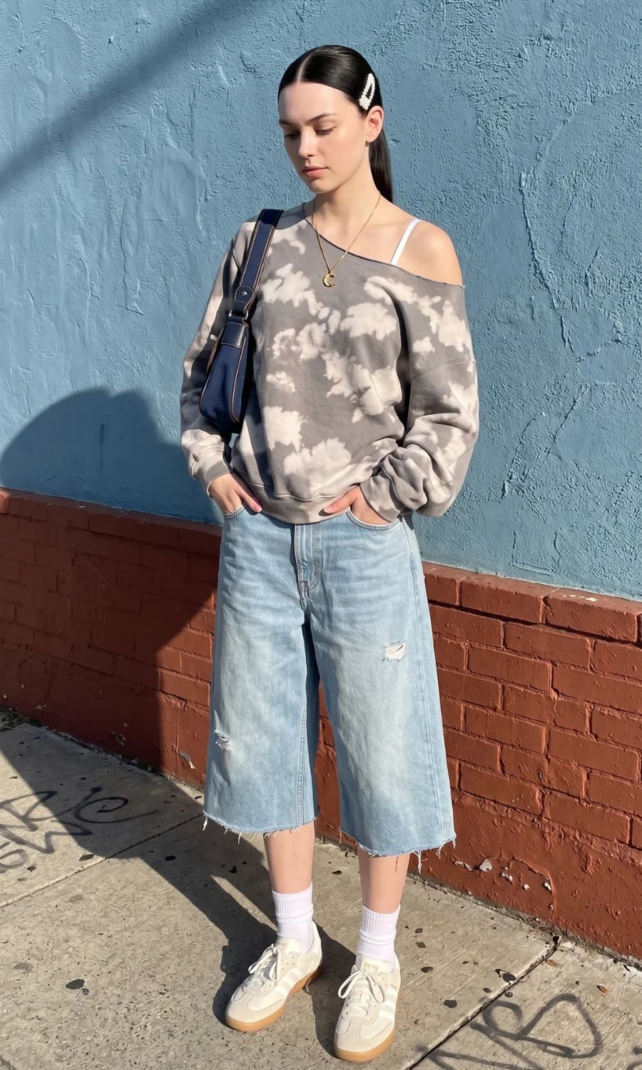 Wide-Leg Jorts with Tie-Dye Sweatshirt and Sneakers Wide-Leg Jorts with Tie-Dye Sweatshirt and Sneakers — Jorts Outfits