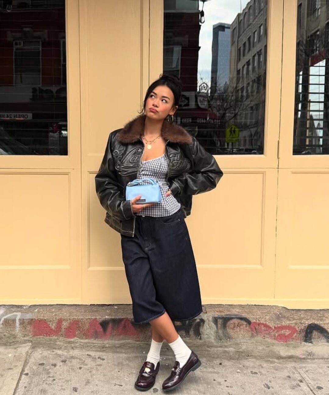 Dark Wash Jorts with Gingham Top and Fur Collar Jacket Dark Wash Jorts with Gingham Top and Fur Collar Jacket — Jorts Outfits