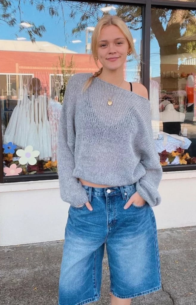 Wide-Leg Jorts with Off-Shoulder Knit Sweater, Gold Pendant Necklace Wide-Leg Jorts with Off-Shoulder Knit Sweater, Gold Pendant Necklace — Jorts Outfits