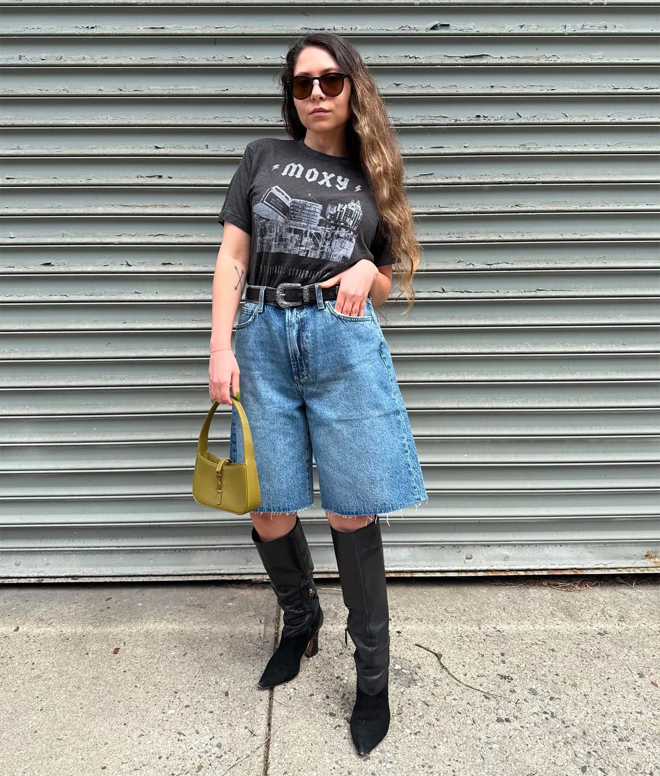 Distressed Jorts with Graphic Tee and Knee-High Boots Distressed Jorts with Graphic Tee and Knee-High Boots — Jorts Outfits