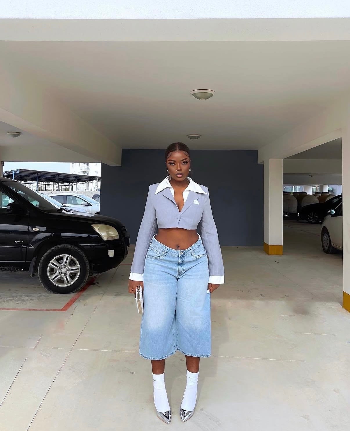 Denim Jorts with Cropped Blazer and Heels Denim Jorts with Cropped Blazer and Heels — Jorts Outfits