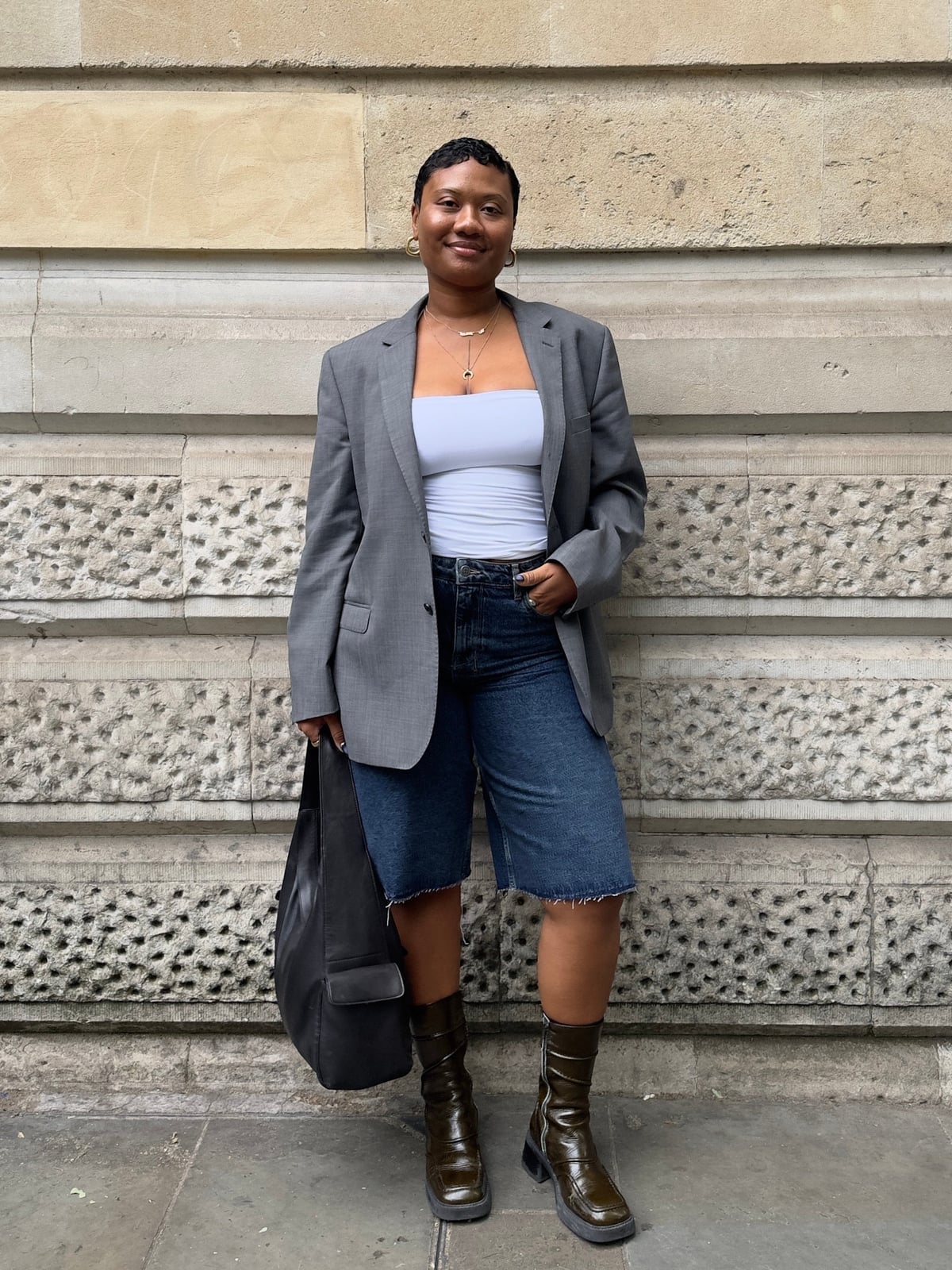 Dark Wash Jorts with Gray Blazer and Boots Dark Wash Jorts with Gray Blazer and Boots — Jorts Outfits