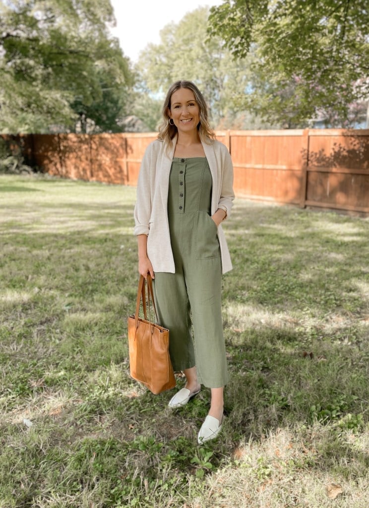 Olive green button front jumpsuit with cardigan Olive green button front jumpsuit with cardigan — Jumpsuit Outfits