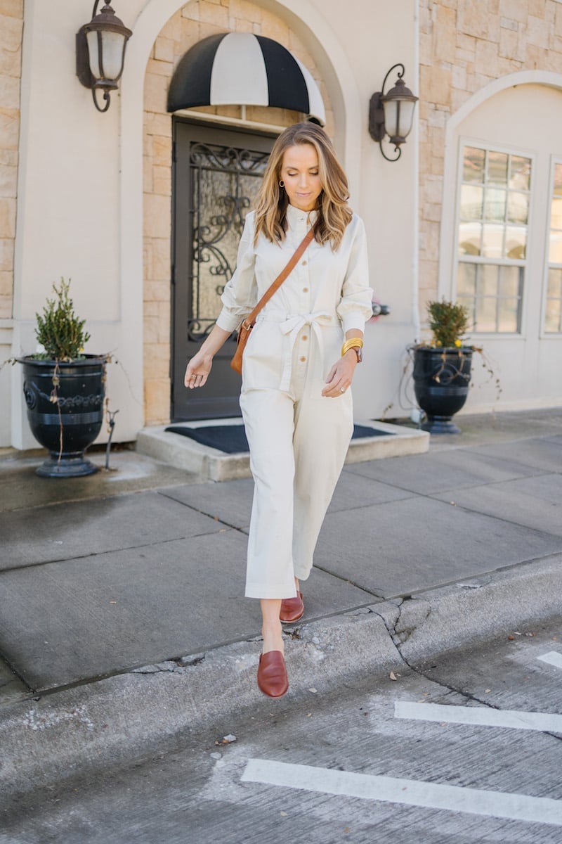 Off-white long sleeve belted jumpsuit with loafers Off-white long sleeve belted jumpsuit with loafers — Jumpsuit Outfits