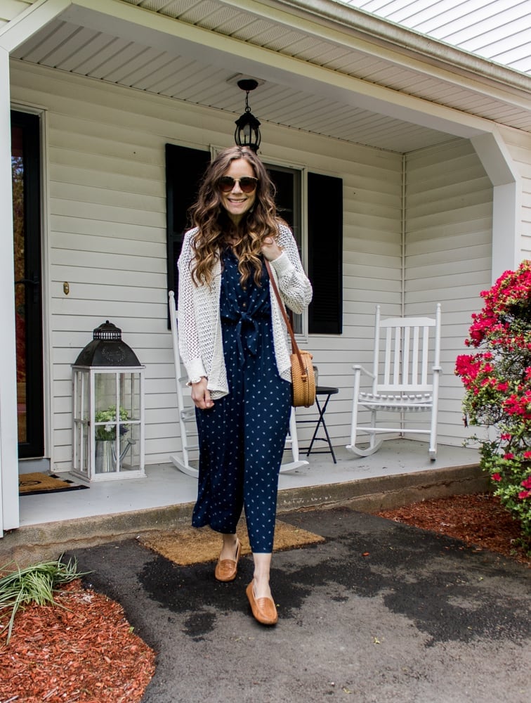 Navy printed wide leg jumpsuit with cardigan Navy printed wide leg jumpsuit with cardigan — Jumpsuit Outfits
