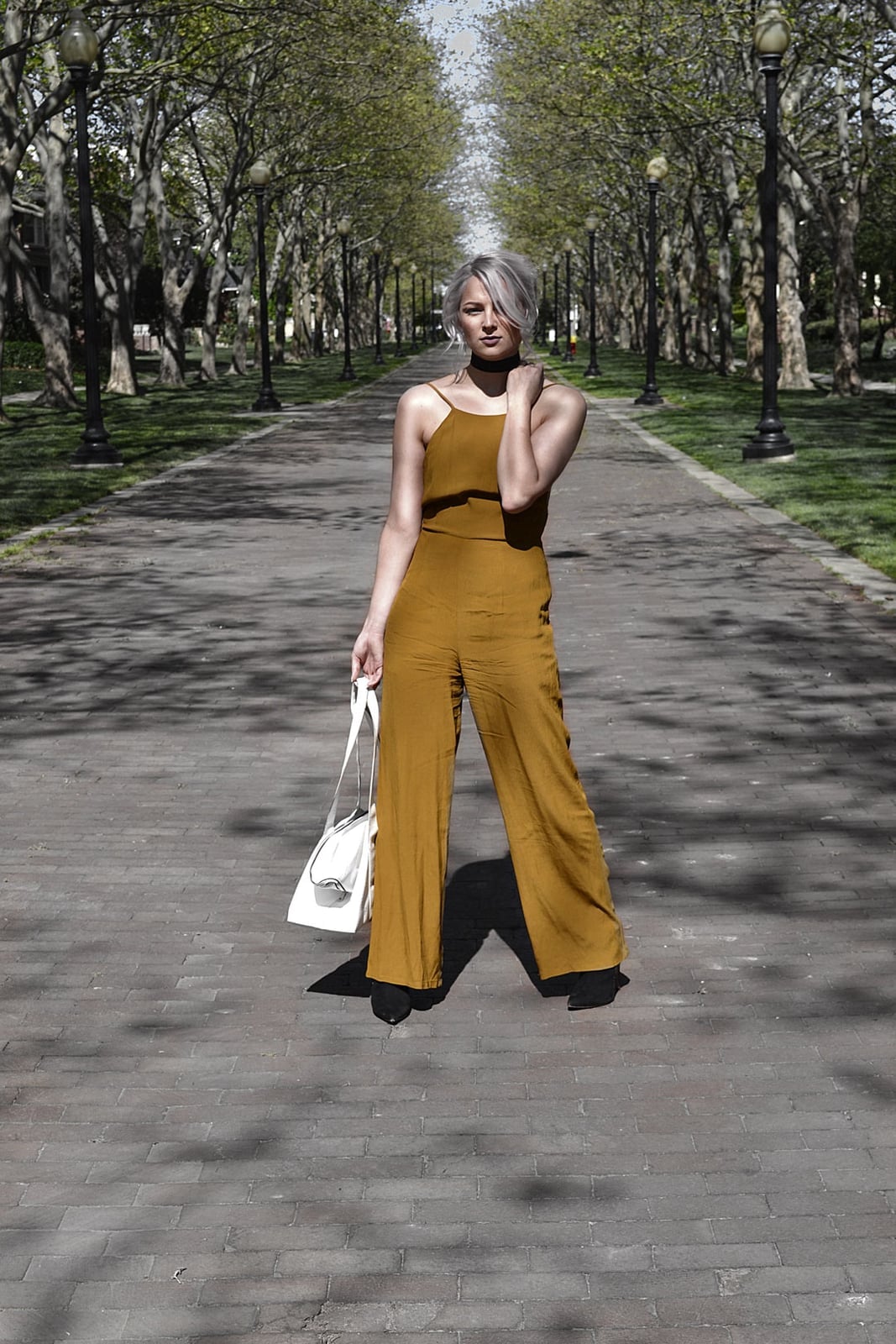 Ochre sleeveless wide leg jumpsuit with boots Ochre sleeveless wide leg jumpsuit with boots — Jumpsuit Outfits