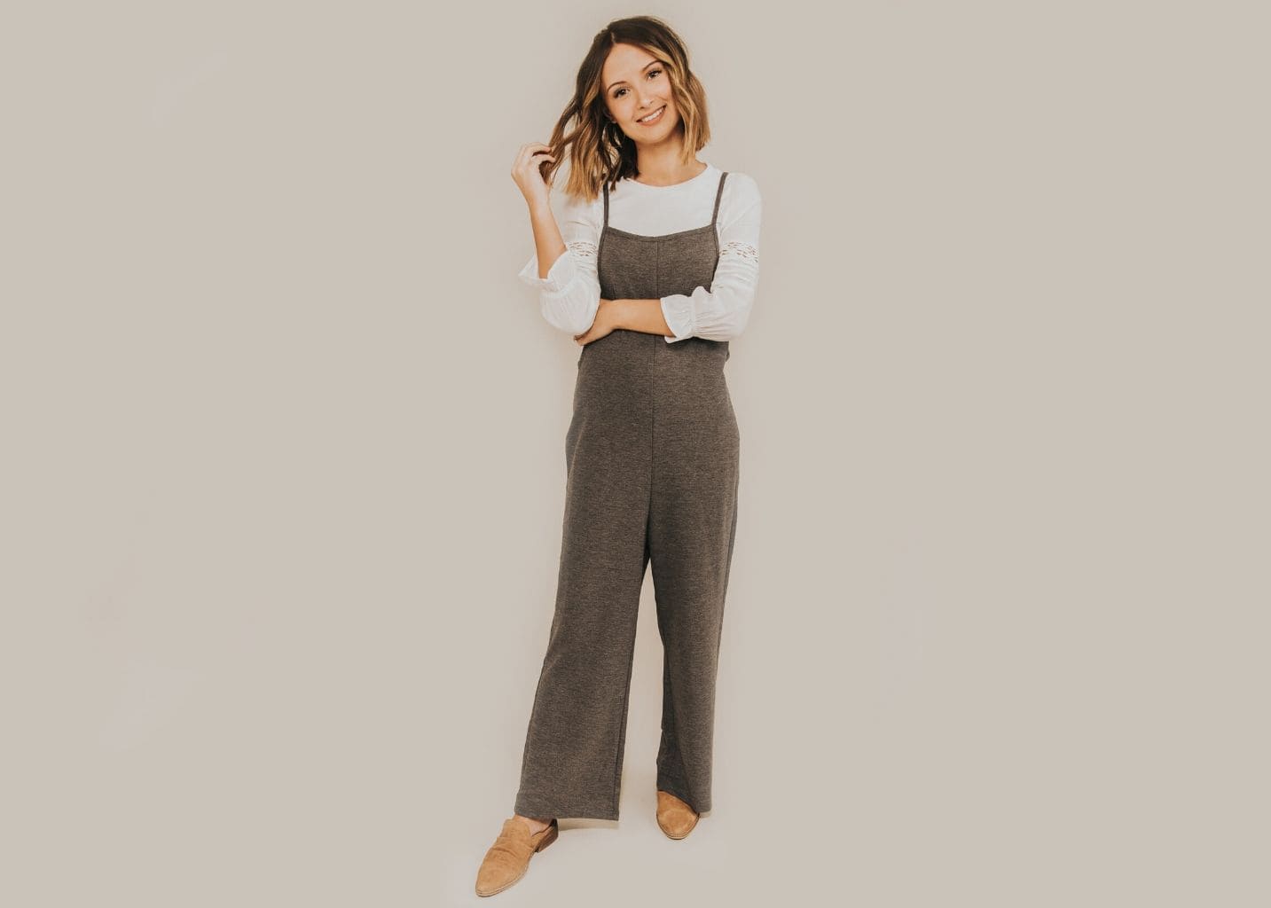 Charcoal gray knit wide leg jumpsuit over top Charcoal gray knit wide leg jumpsuit over top — Jumpsuit Outfits