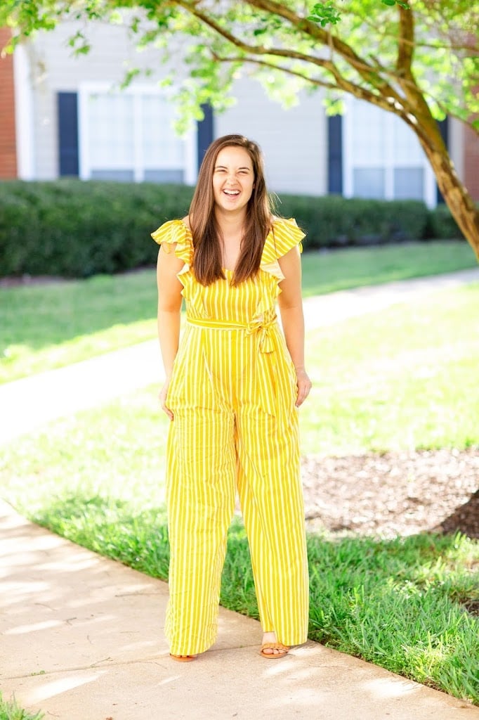 Yellow white striped belted jumpsuit Yellow white striped belted jumpsuit — Jumpsuit Outfits