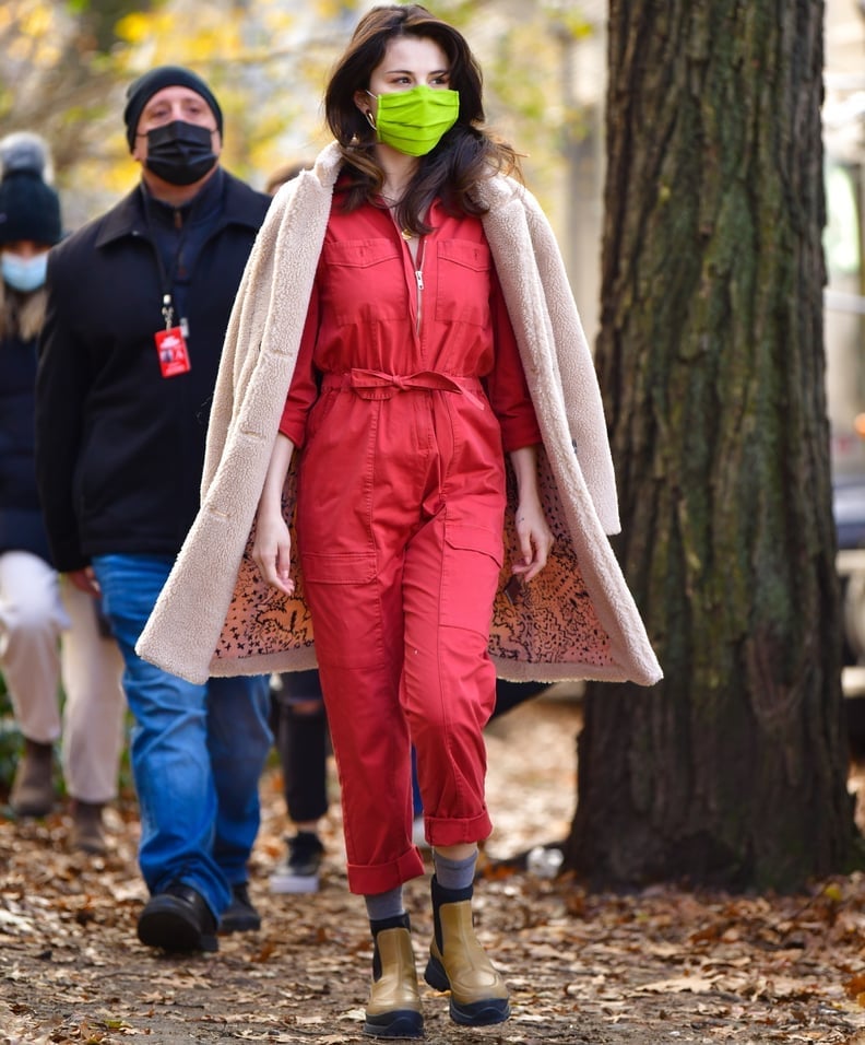 Red utility jumpsuit with teddy coat Red utility jumpsuit with teddy coat — Jumpsuit Outfits