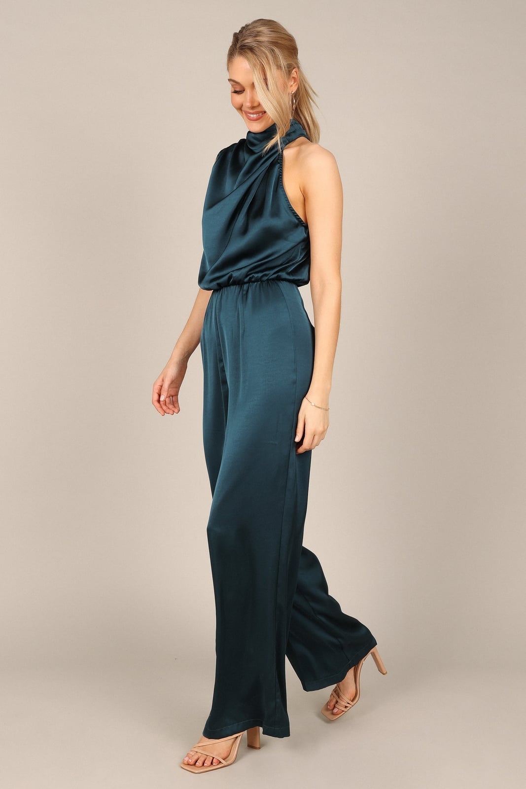 Teal satin halter neck wide leg jumpsuit Teal satin halter neck wide leg jumpsuit — Jumpsuit Outfits