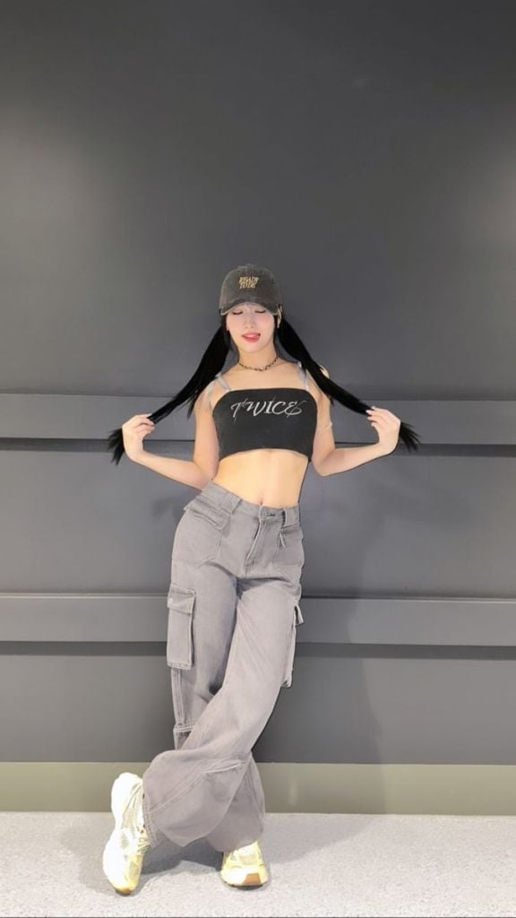 TWICE branded crop top and gray cargo pants TWICE branded crop top and gray cargo pants — K-pop Outfits