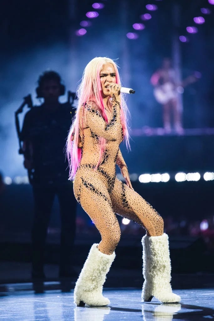 Embellished sheer catsuit with furry boots for stage Embellished sheer catsuit with furry boots for stage — Karol G Outfit