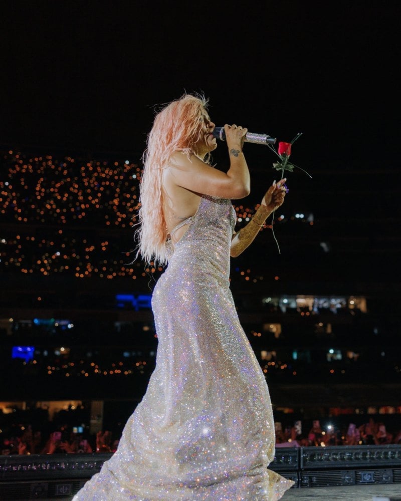 Sparkling silver sequined gown for stage performance Sparkling silver sequined gown for stage performance — Karol G Outfit