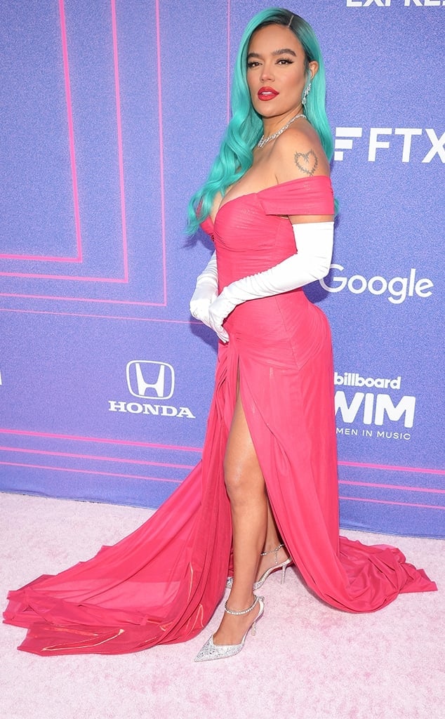 Hot pink off-the-shoulder gown for red carpet Hot pink off-the-shoulder gown for red carpet — Karol G Outfit