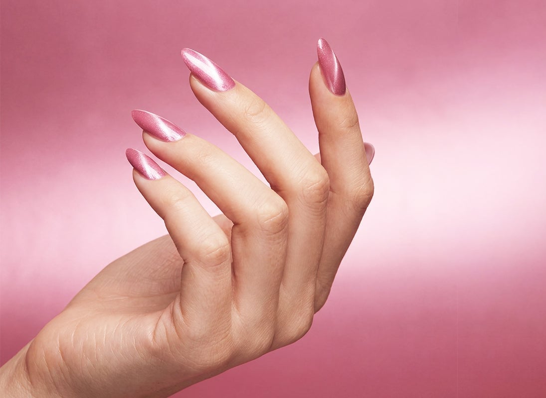 Pale Pink Silver Shift Cat-Eye Long Almond Nails Pale Pink Silver Shift Cat-Eye Long Almond Nails — Katseye Nails
