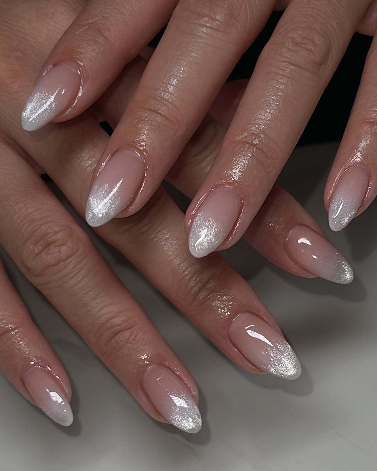 Sheer Nude Silver Cat-Eye Medium Almond Nails Sheer Nude Silver Cat-Eye Medium Almond Nails — Katseye Nails