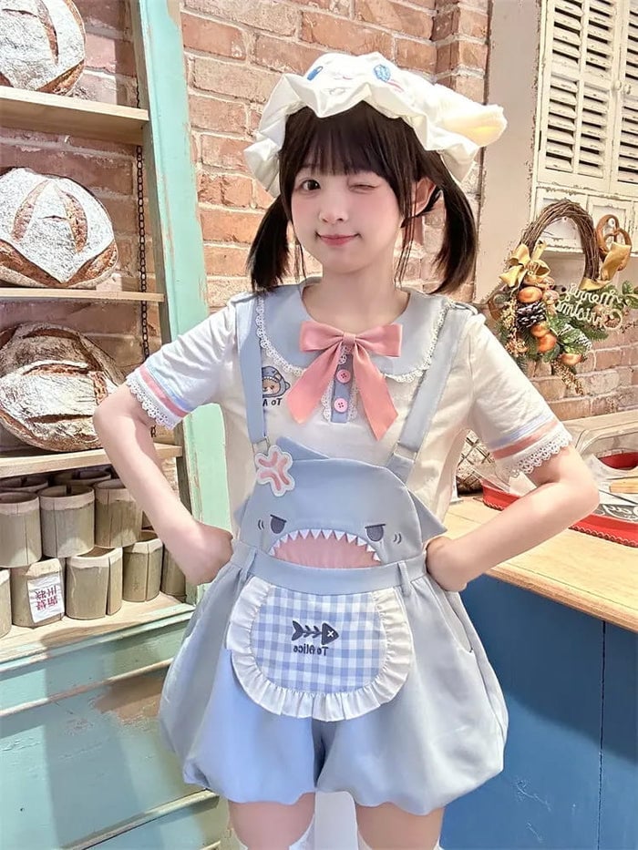 Shark Graphic Overall Shorts Set, White Platform Shoes Shark Graphic Overall Shorts Set, White Platform Shoes — Kawaii Outfits