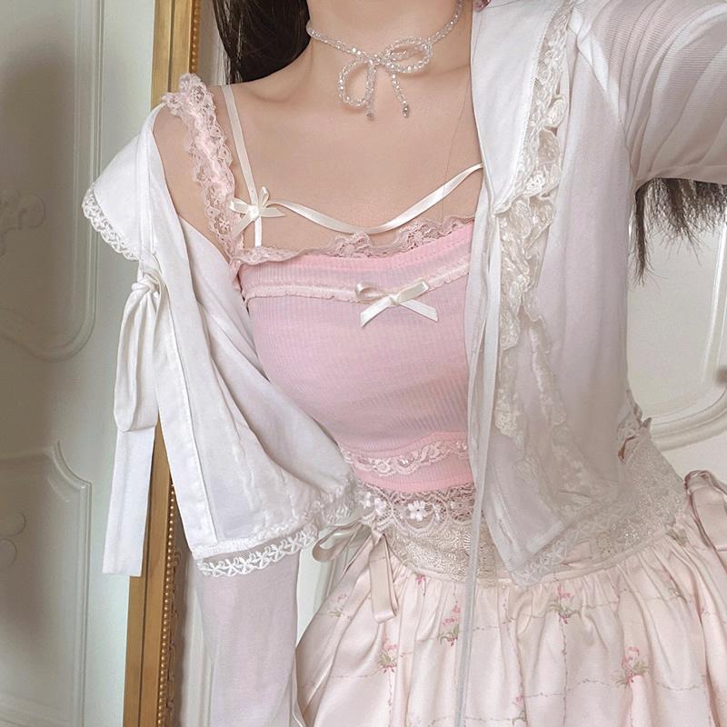 Ribbed Camisole with Lace Trim Cardigan Ribbed Camisole with Lace Trim Cardigan — Kawaii Outfits
