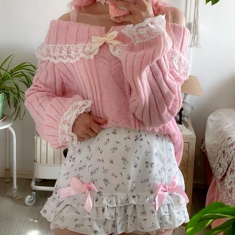 Off-Shoulder Sweater with Ruffled Floral Skirt Off-Shoulder Sweater with Ruffled Floral Skirt — Kawaii Outfits