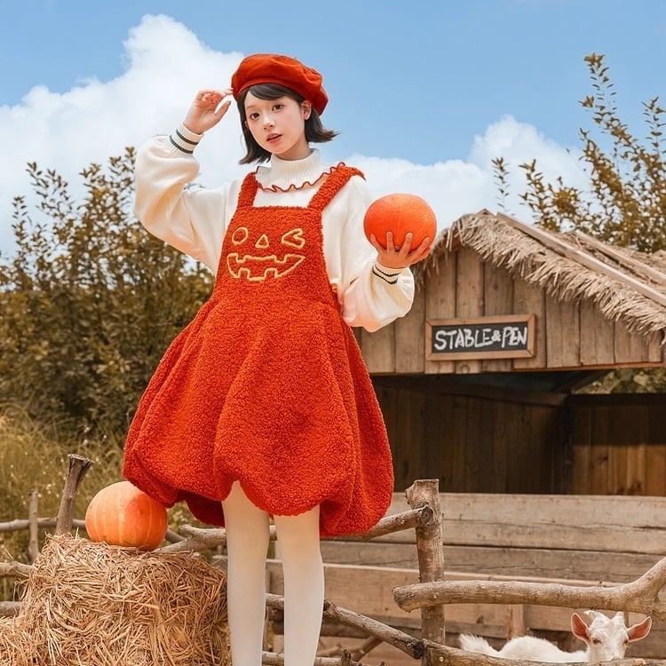 Pumpkin Suspender Dress with Ruffled Sweater Pumpkin Suspender Dress with Ruffled Sweater — Kawaii Outfits